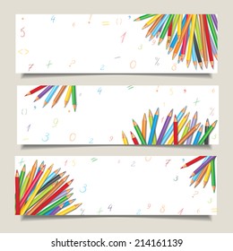 Set of horizontal banners with colorful pencils, hand-drawn numbers and mathematical symbols. Illustration with a place for your text
