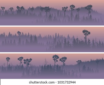 Set of horizontal banners of coniferous forest valley in the fog (purple sunrise).