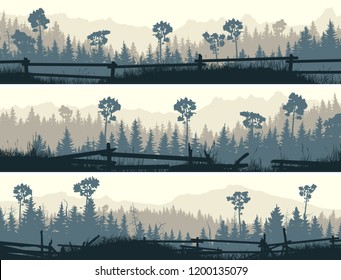 Set of horizontal banners coniferous forest with meadows and cattle fences.