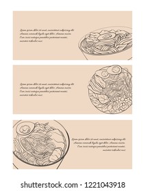 Set of horizontal banners with contour black and white cartoon illustration of  ramen in different angles. Noodles. Vector template for menus, sites, cards and your design.
