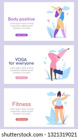 Set of Horizontal Banners with Copy Space. Curvy International Women Characters Active Healthy Lifestyle and Body Positive Motivation Quotes on Open Air Background. Cartoon Flat Vector Illustration.