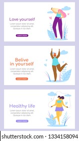 Set of Horizontal Banners with Copy Space. Beautiful Multiracial Girls Characters Healthy Active Lifestyle and Body Positive Motivation Quotes on Nature Background. Cartoon Flat Vector Illustration.