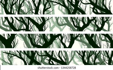 Set of horizontal banners of curved tree trunks with branches of deadwood forest.