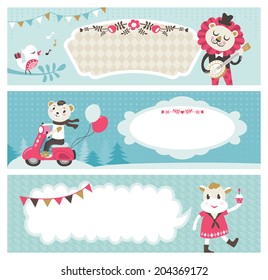 Set of horizontal banners with cute animals & empty text box for your message