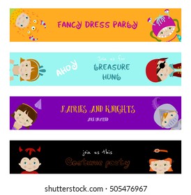 Set of horizontal banners with cute little kids in fancy dresses of fairy, monster, witch and pirate, flat vector style.