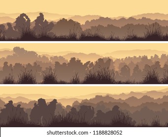 Set of horizontal banners of deciduous forest with grass.
