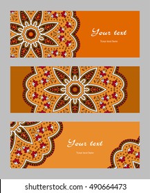 Set of horizontal banners with decorative narrow circular ethnic elements, orange red brown beige black, vector illustration