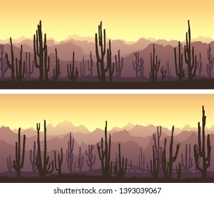 Set of horizontal banners of desert with cacti and mountains at sunset.