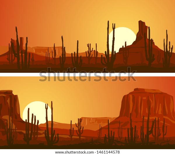 Set Horizontal Banners Desert Cacti Rocks Stock Vector Royalty