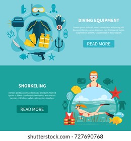 Set of horizontal banners with diving equipment and snorkeling on blue and turquoise backgrounds isolated vector illustration 