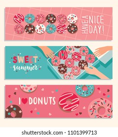 Set of horizontal banners with donuts. Cartoon cute style. Vector illustration.