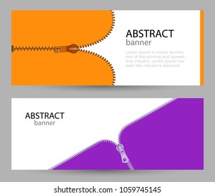Set horizontal banners with empty place for text. metal zippers on orange and pink colors. banner templates for your projects.