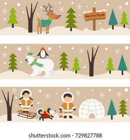 set of horizontal banners with Eskimos and polar animals - vector illustration, eps