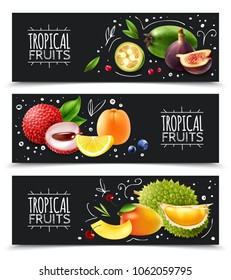 Set of horizontal banners exotic tropical fruits with design elements isolated on chalk board background vector illustration  