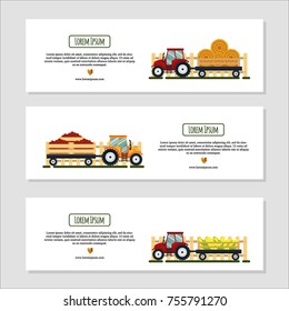 Set of horizontal banners for farm desing with tractor, hay, corn, tomato. Farming harvest elements - flat vector illustration. The agricultural machinery transport