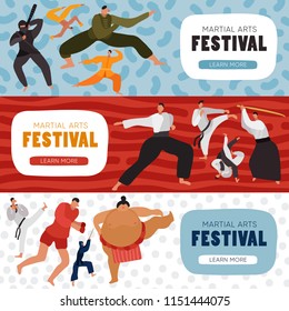 Set of horizontal banners fighters during practice at martial arts festival isolated on color background vector illustration