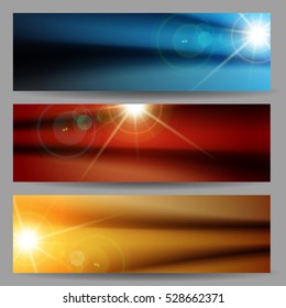 Set of horizontal banners with Flare bright sun rays abstract background for website header, banner or night party flier template. Vector illustration