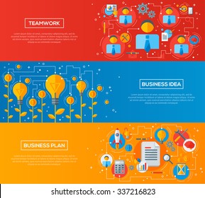 Conjunto de banners horizontales con iconos planos. Ilustración vectorial. Concepto de trabajo en equipo, Idea creativa, Plan de negocios.