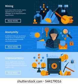 Set of horizontal banners in flat style with virtual currency mining and anonymity isolated vector illustration  