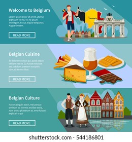 Set of horizontal banners in flat style with landmarks of belgium cuisine and culture isolated vector illustration