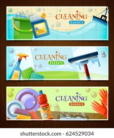 Set of horizontal banners with floor cleaning washing of windows and sparkling tableware isolated vector illustration  