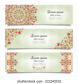 Set of horizontal banners with floral delicate ornament, isolated on white background. Physalis, leaves and twisted branches. Place for your text.