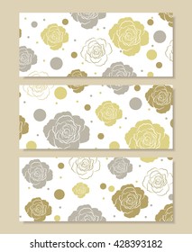 Set of horizontal banners. Floral pattern with colored roses and circles isolated on white background.