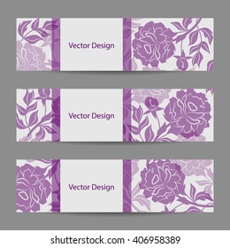 Set of horizontal banners. Floral vector background with violet peony flowers. 