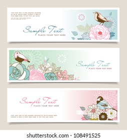 Set of horizontal banners with flowers and birds