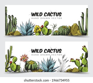 Set of horizontal banners or flyers with hand drawn wild cactuses, colored engraved vector illustration. Banners with various colorful cactuses and succulents.