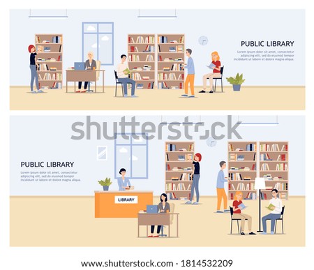 Set of horizontal banners or flyers for public library events with people in library interior searching books on bookshelves, flat vector illustration.