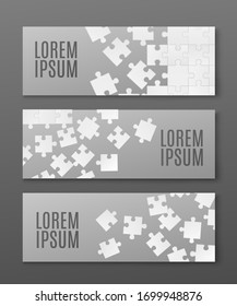 Set of horizontal banners or flyers templates with jigsaw puzzle parts, realistic vector illustration on gray background. Business or social media card bundle.