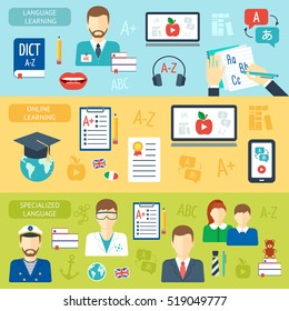 Set of horizontal banners. Foreign language learning. Specialized language. Online learning. Flat design. Vector illustration