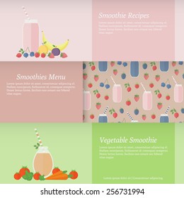 Set of horizontal banners with fruit and vegetable smoothies. Vector illustration for design of recipes, menu, web