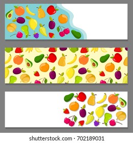 Set of horizontal banners with fruits. Design set of banner with food fruit, vector illustration