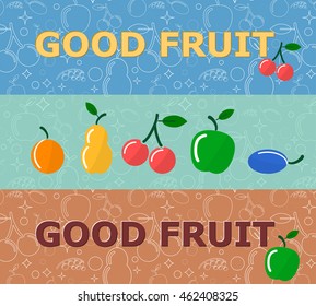 Set of horizontal banners with fruits on bright background. Vector illustration