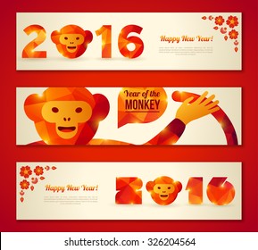 Set of Horizontal Banners with Funny Monkey. Vector Illustration. Symbol of 2016 Chinese New Year.