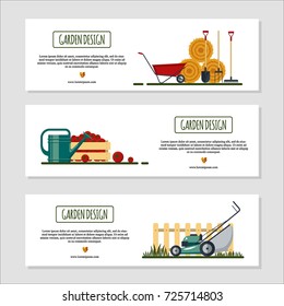 Set of horizontal banners for garden desing with hay, tools, wheelbarrow, watering can, box with tomato. Farming equipment - flat vector illustration