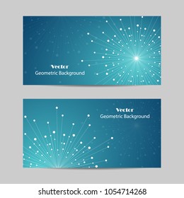 Set of horizontal banners. Geometric pattern with connected lines and dots. Vector illustration on blue background.