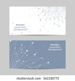 Set of horizontal banners. Geometric pattern with connected lines and dots. Vector illustration on blue and white background.