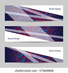 Set of horizontal banners with geometric pattern on colored dotted background. Business, science, medicine and technology design.