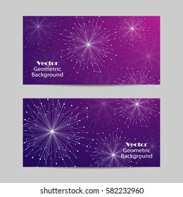 Set of horizontal banners. Geometric pattern with connected lines and dots. Vector illustration on violet background.