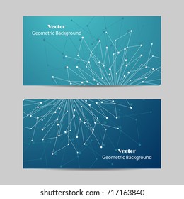 Set of horizontal banners. Geometric pattern with connected lines and dots. Vector illustration on blue background.