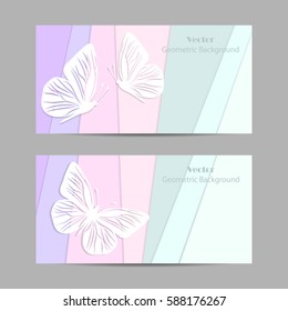 Set of horizontal banners. Geometrical background in material design style with paper butterflies.