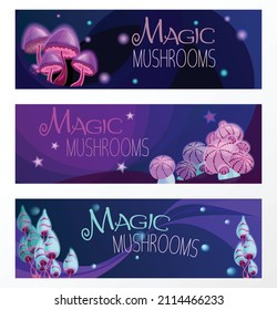 Set of horizontal banners with glowing magic mushrooms and sparks on a dark background. Isolated vector illustrations