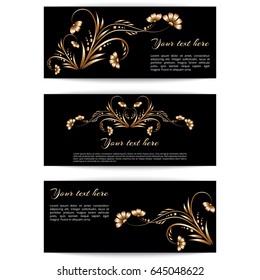 Set of horizontal banners with gold floral ornament and place for text