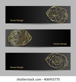 Set of horizontal banners. Gold ornamental graphic fish on dark background with shadow.