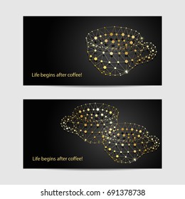 Set of horizontal banners. Gold vector cup made of connected lines and dots. Vector illustration.
