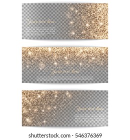 Set of horizontal banners with golden light on a transparent background