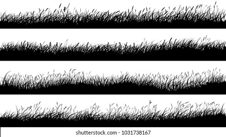 Set of horizontal banners of grassland meadow silhouettes with grass.